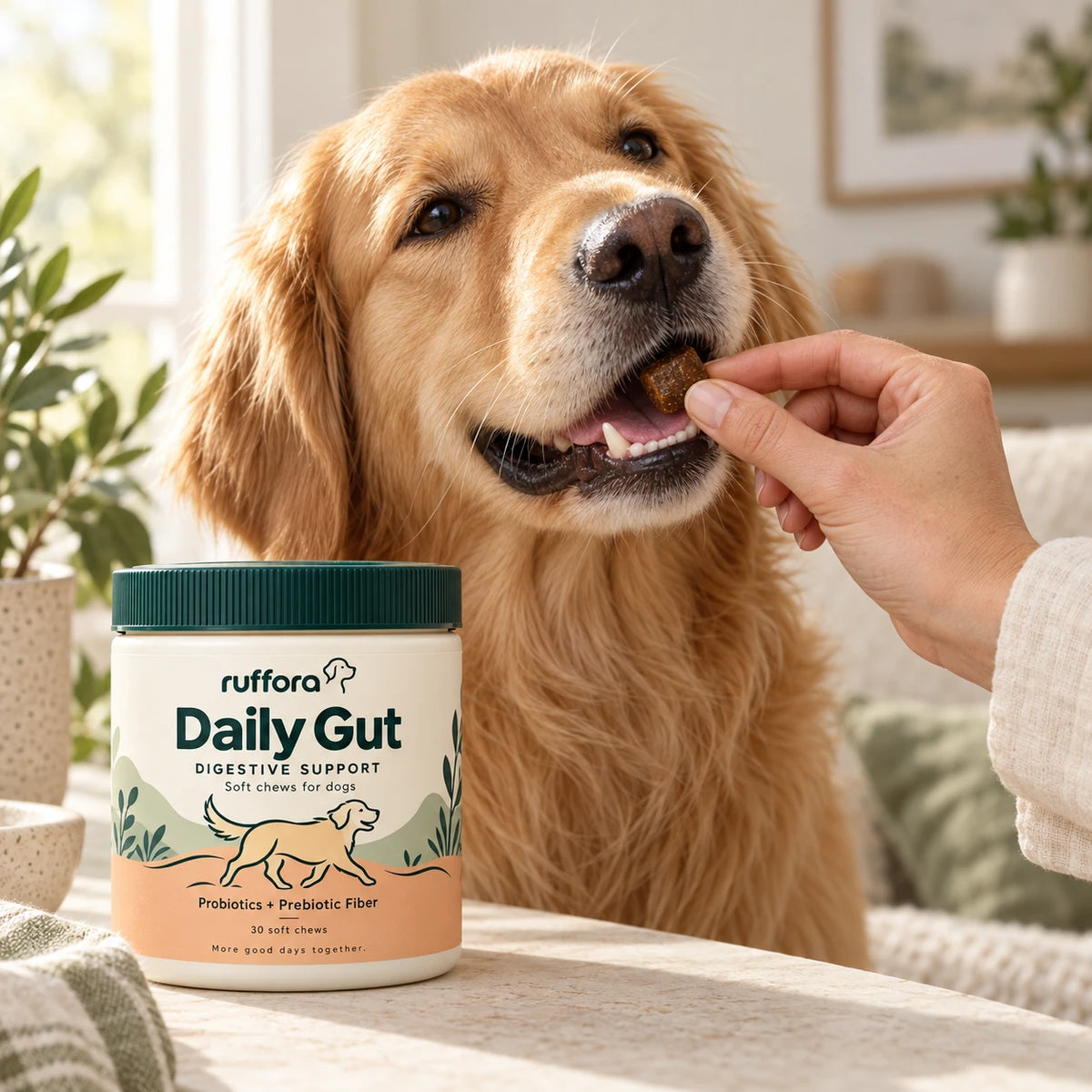 Hand-feeding a Daily Gut soft chew to a dog