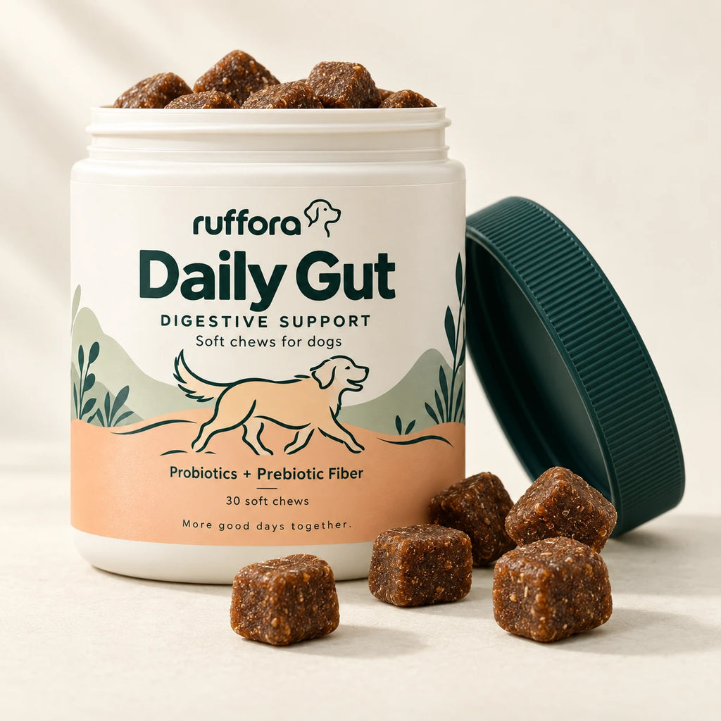 Open tub of Daily Gut soft chews