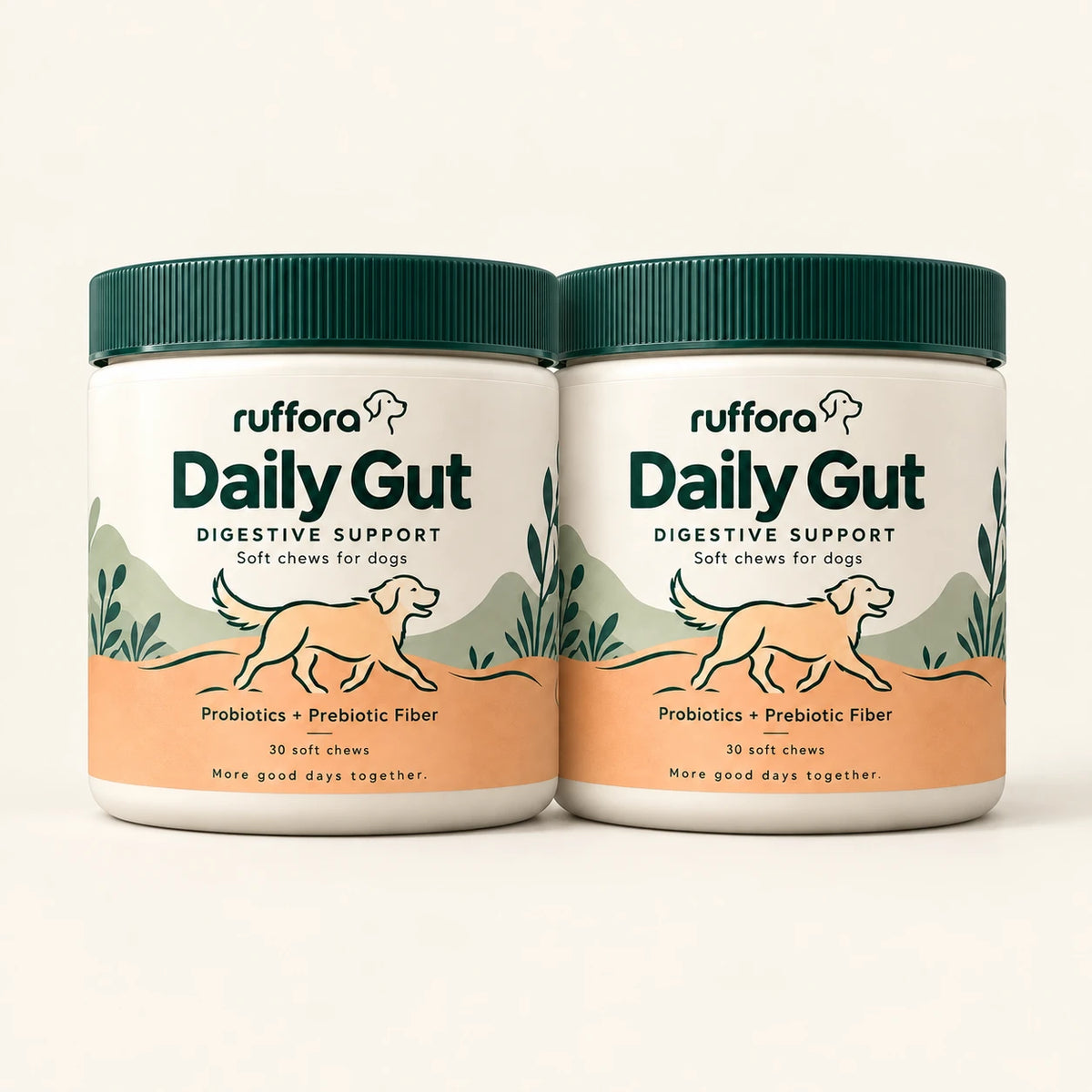 Two tubs of Ruffora Daily Gut soft chews
