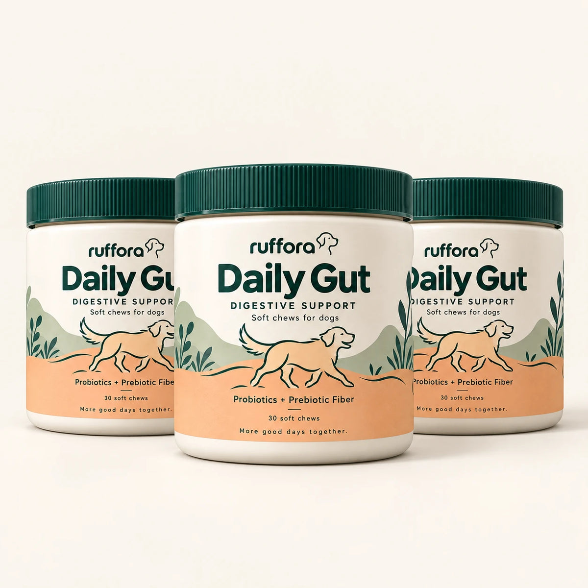 Three tubs of Ruffora Daily Gut soft chews